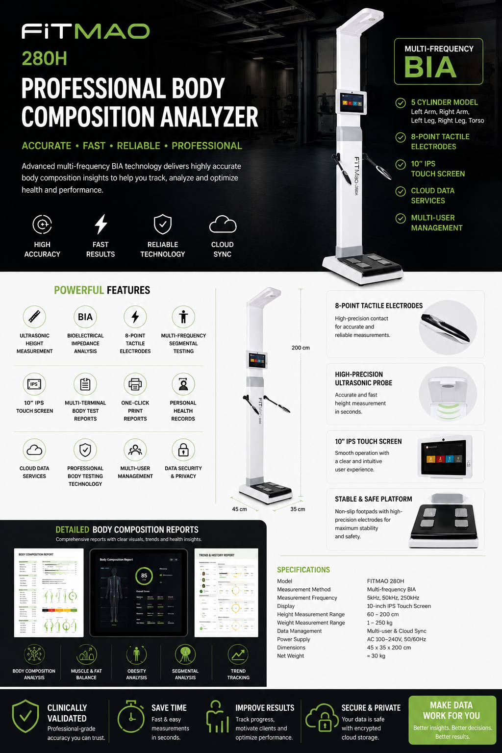 Overzicht FitMao 280H body composition analyzer: multi-frequency BIA, rapportages en specificaties